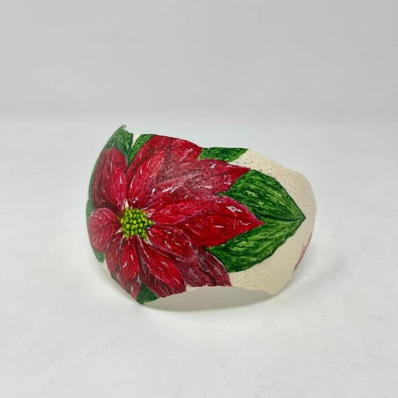 Hand Painted Red Poinsettia Flower Partial Ostrich Egg Signed Nebraska Artist - Picture 4 of 6